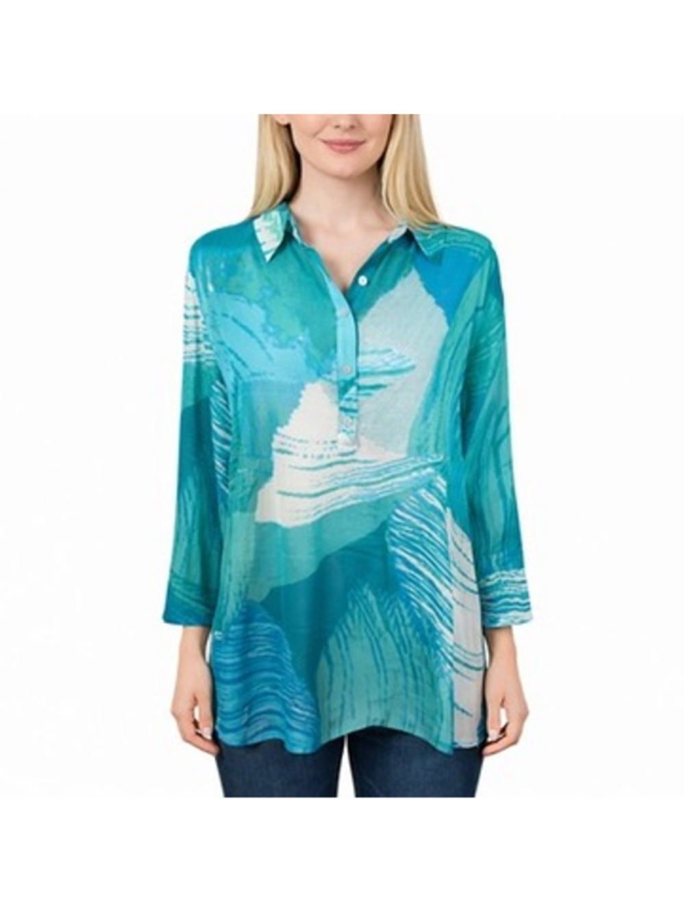 Susan Graver High-Low Chiffon Blouse Teal Beachy Abstract Print Sheer Size 18W